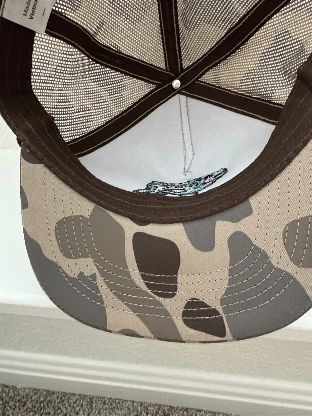 Beige Camo Fishing Trucker Hat with Blue Fish Patch